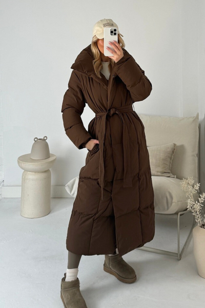 Add store Down Quilted Long Puffer Coat Brown