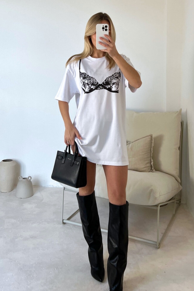 Lace bra black printed T-shirt dress