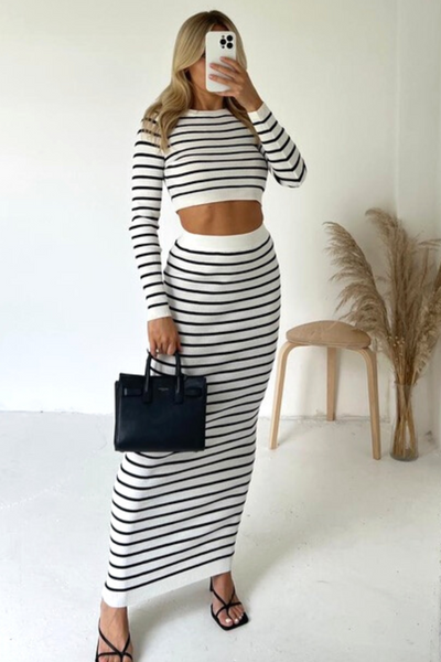 Leila white and black striped knitted crop and maxi skirt co-ord