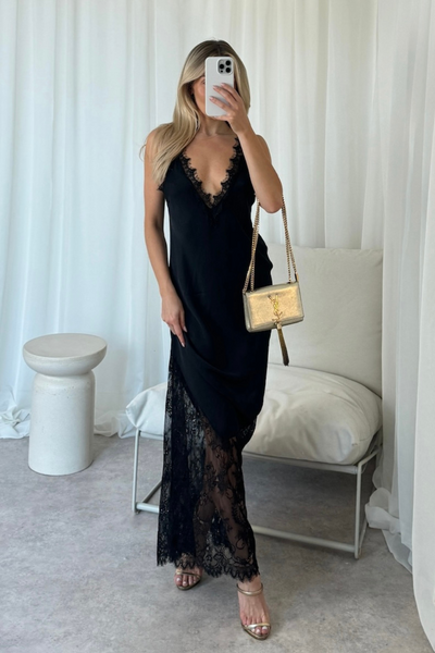 Tiah Black Satin Lace Trim Maxi Dress – Glamify Famous For Loungewear