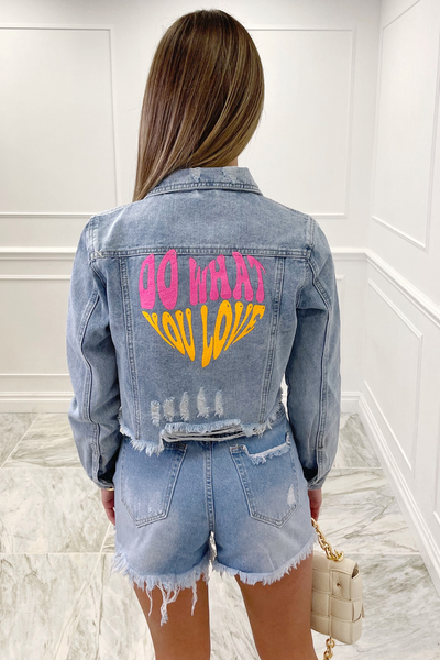 Fearne do what you love embroidered cropped distressed denim jacket –  Glamify Famous For Loungewear