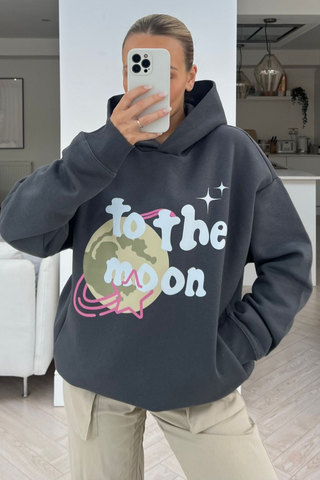 To the moon premium steel grey printed hoodie – Glamify Famous For 