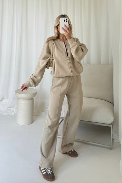 Rosie beige bomber jacket and straight leg jogger loungewear – Glamify ...