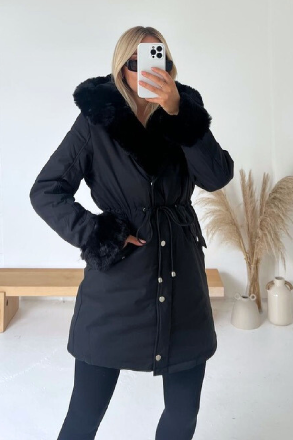 Grace black parker coat with fur trim hood Glamify Famous For