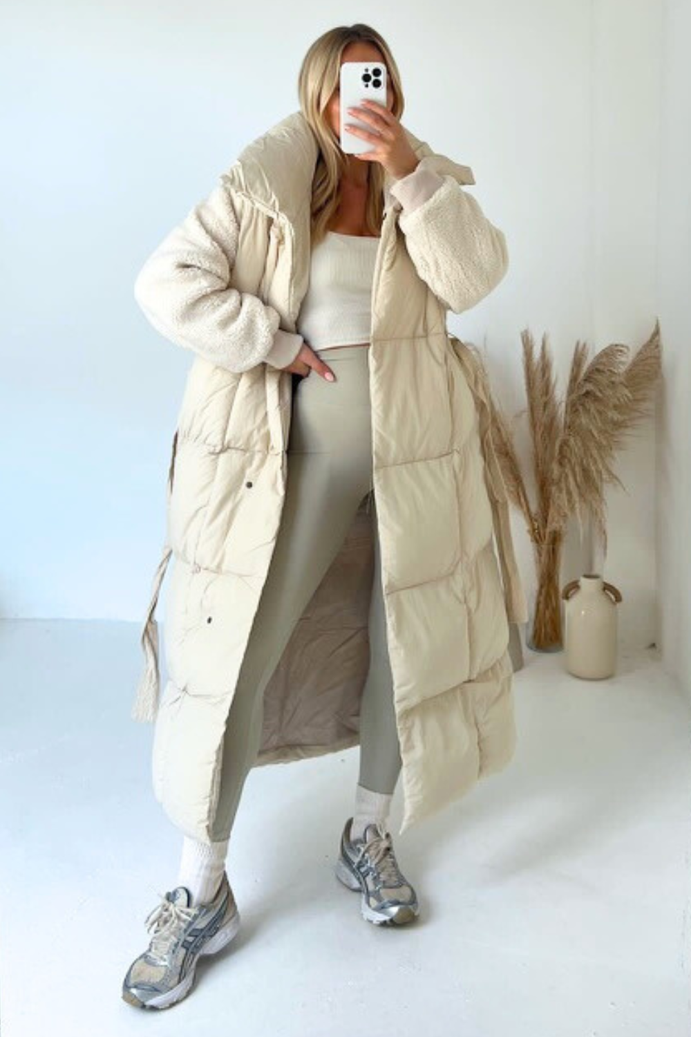 Iris cream long puffer coat with shearling sleeves – Glamify Famous For  Loungewear