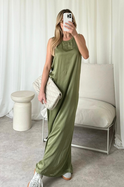 Jemma khaki satin loose fit maxi dress – Glamify Famous For Loungewear