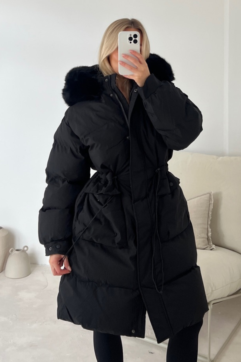 Carrie black long puffer coat with faux fur hood – Glamify Famous For ...