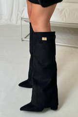 Harley black suede knee high fold over heel boots Glamify Famous For Loungewear