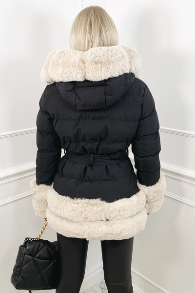 Orla black & cream faux fur hooded coat – Glamify Famous For Loungewear