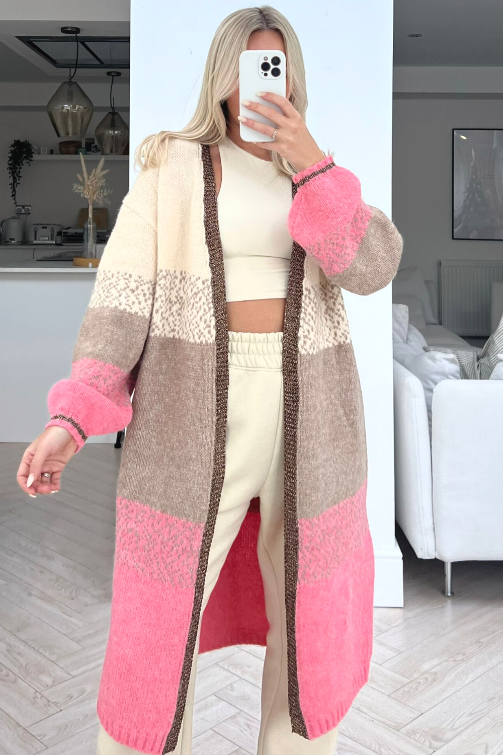 Long pink hot sale sweater coat