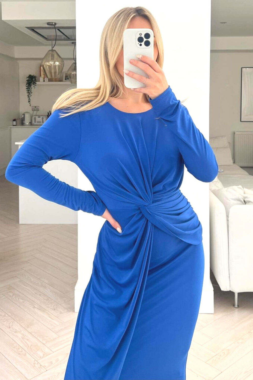 Lola blue ruched waist long sleeve midi dress – Glamify Famous For ...